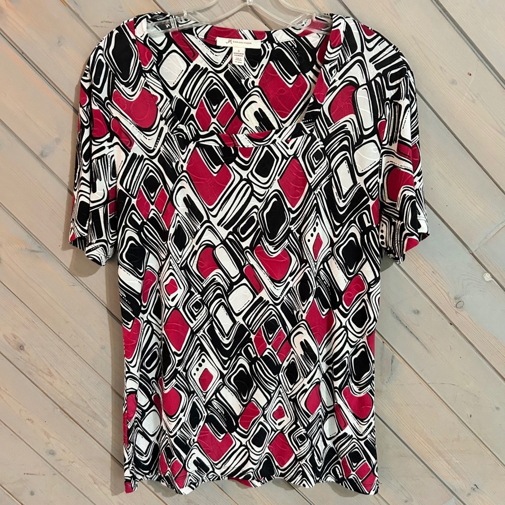 JM‎ Collection Women's Abstract Print Short Sleeve V-Neck Top Size S